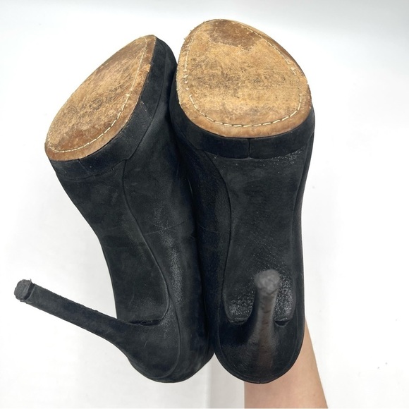 Brian Atwood Frédérique black satin suede round toe heels size 8.5 - Picture 7 of 9